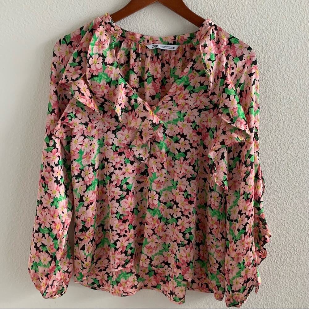 Zara Floral Romantic Ruffle Statement Sleeve Top XS